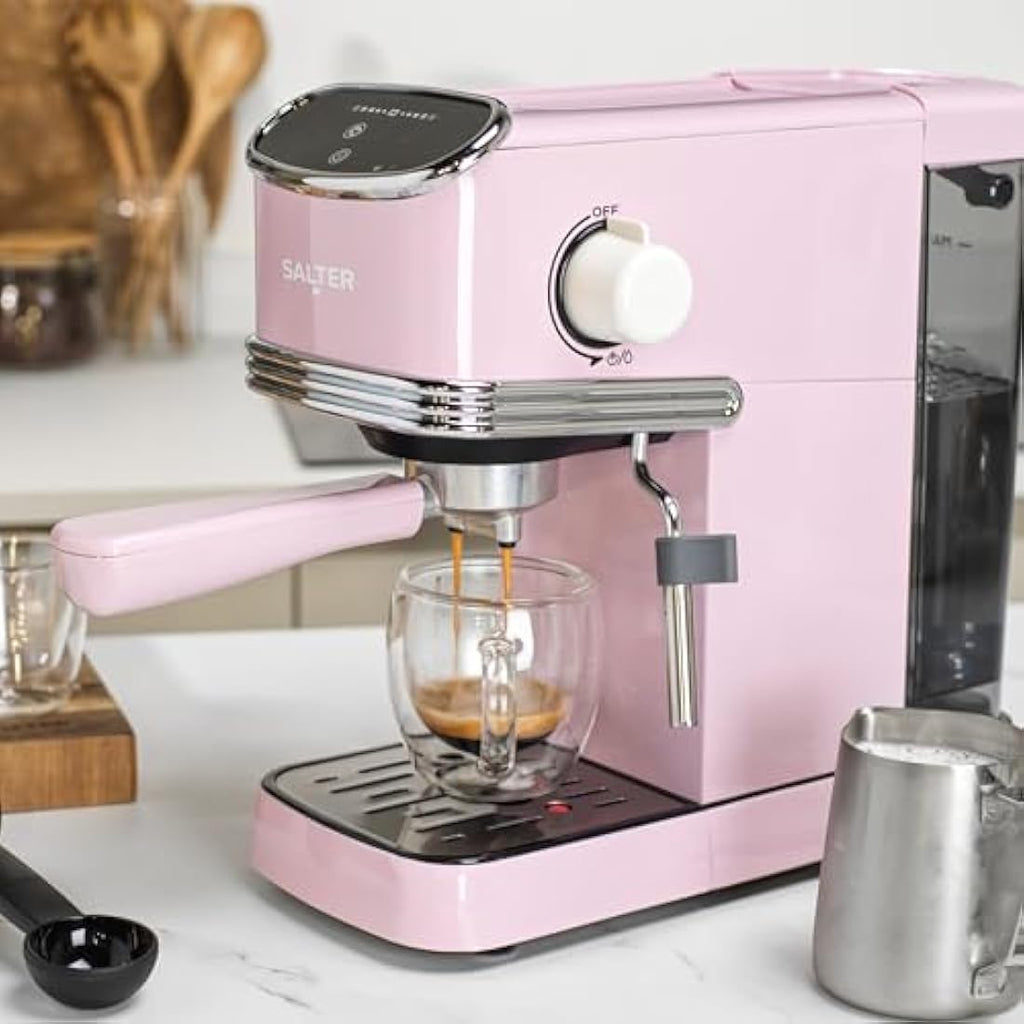 Salter Retro Espresso Machine – 20-Bar Pink Coffee Maker with Milk Frother