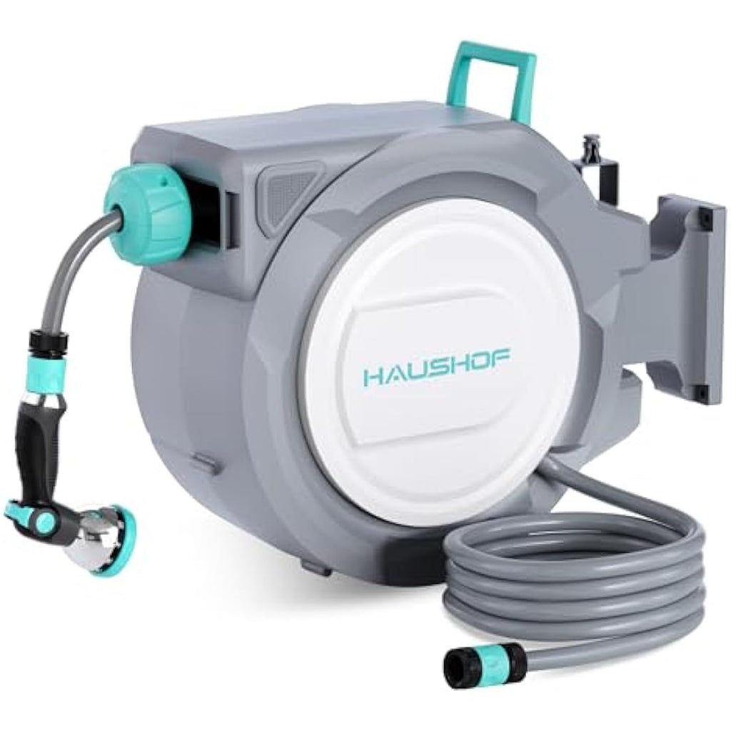 HAUSHOF 30m Wall Mounted Retractable Garden Hose Reel with 10-in-1 Spray Gun