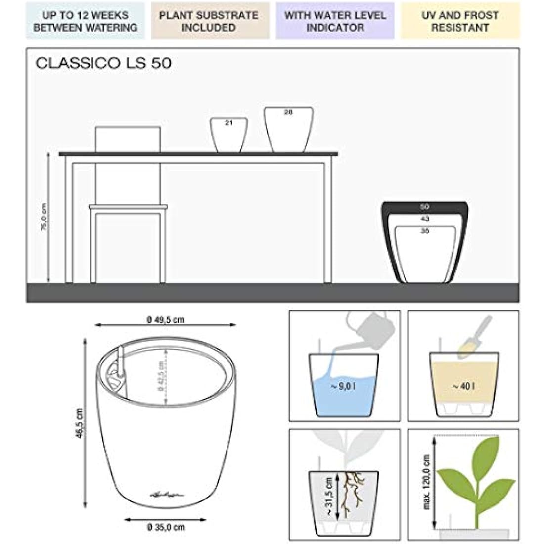 LECHUZA CLASSICO Premium LS 50 Planter - Anthracite Metallic Pot