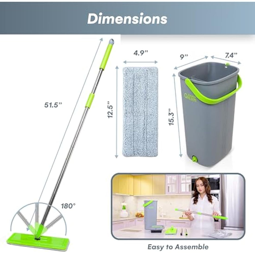Flat Mop and Bucket Set | 2 Microfibre Pads | Green
