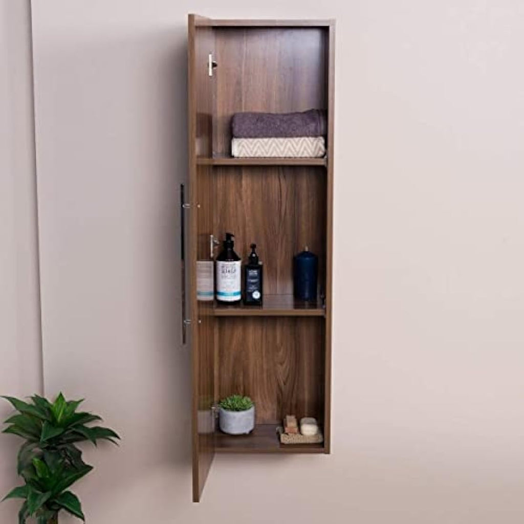 NRG Walnut 1200mm Wall Hung Tall Bathroom Storage Cabinet | Soft Close