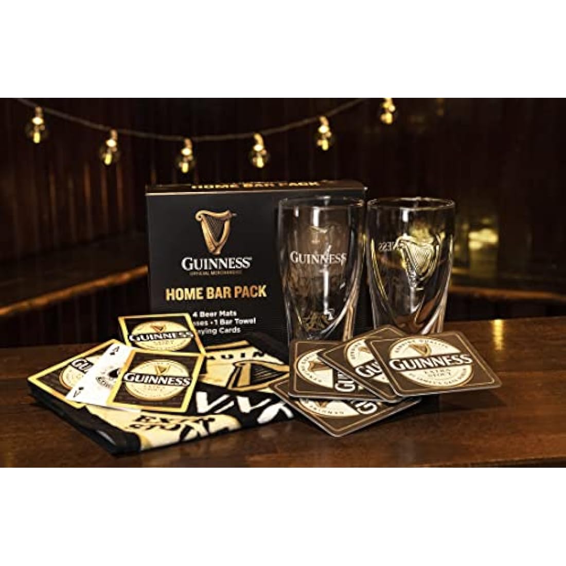 Guinness Home Bar Set – Gravity Pint Glasses, Bar Towel & Playing Cards
