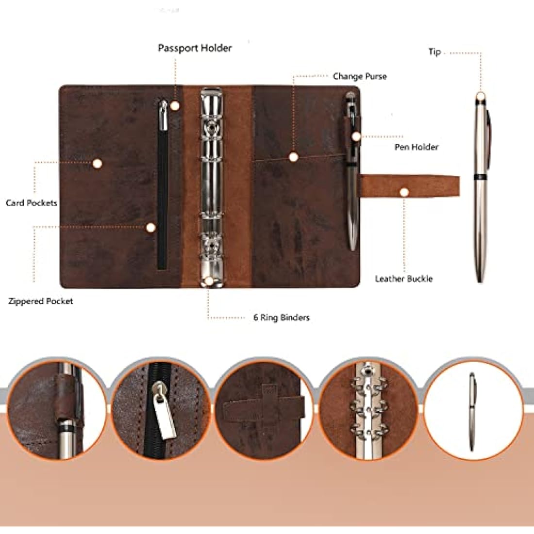 Jolof Store A6 Leather Binder Diary - Refillable 6 Ring Notebook, Coffee
