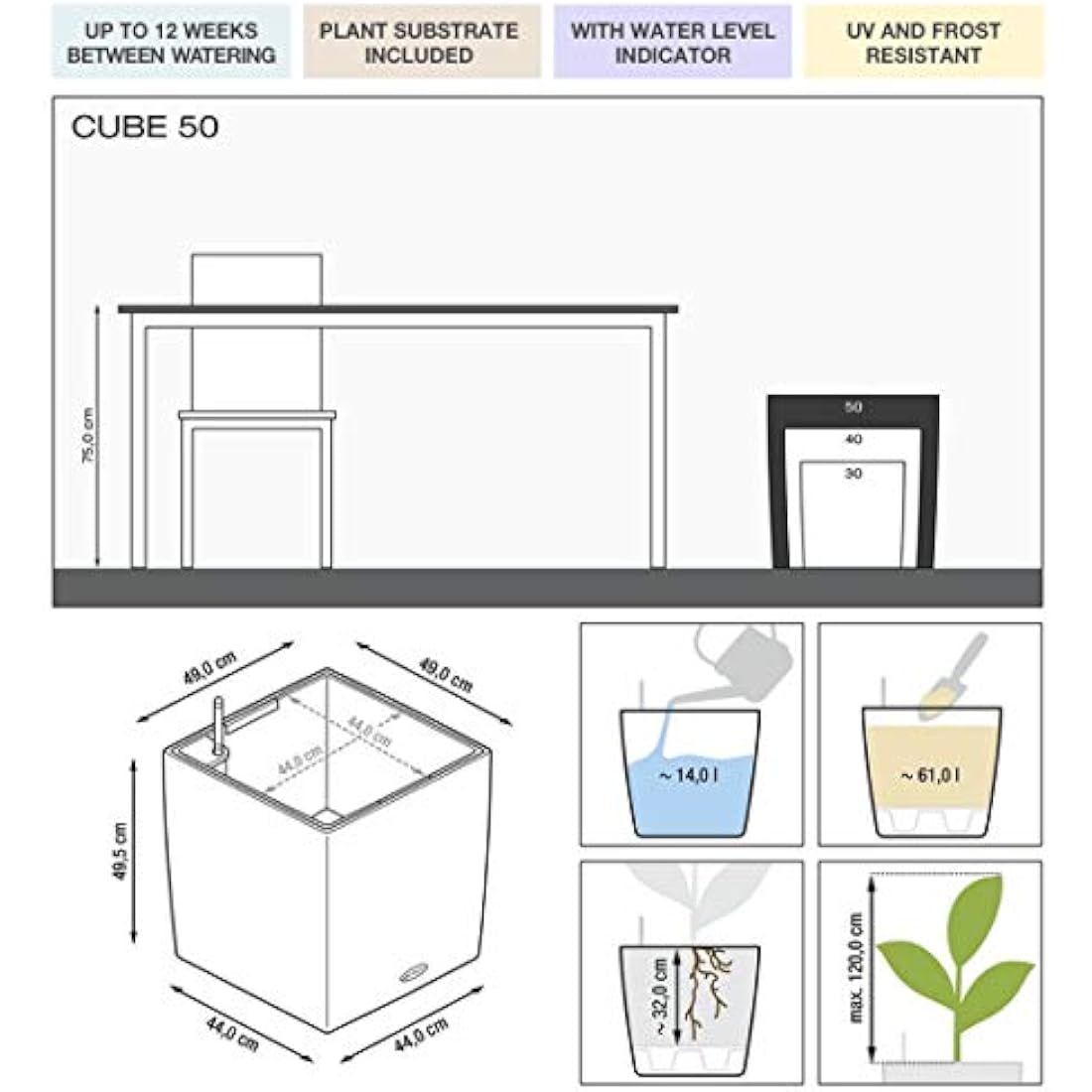 Lechuza CUBE 50 Self-Watering Planter – Large High-Gloss White Pot