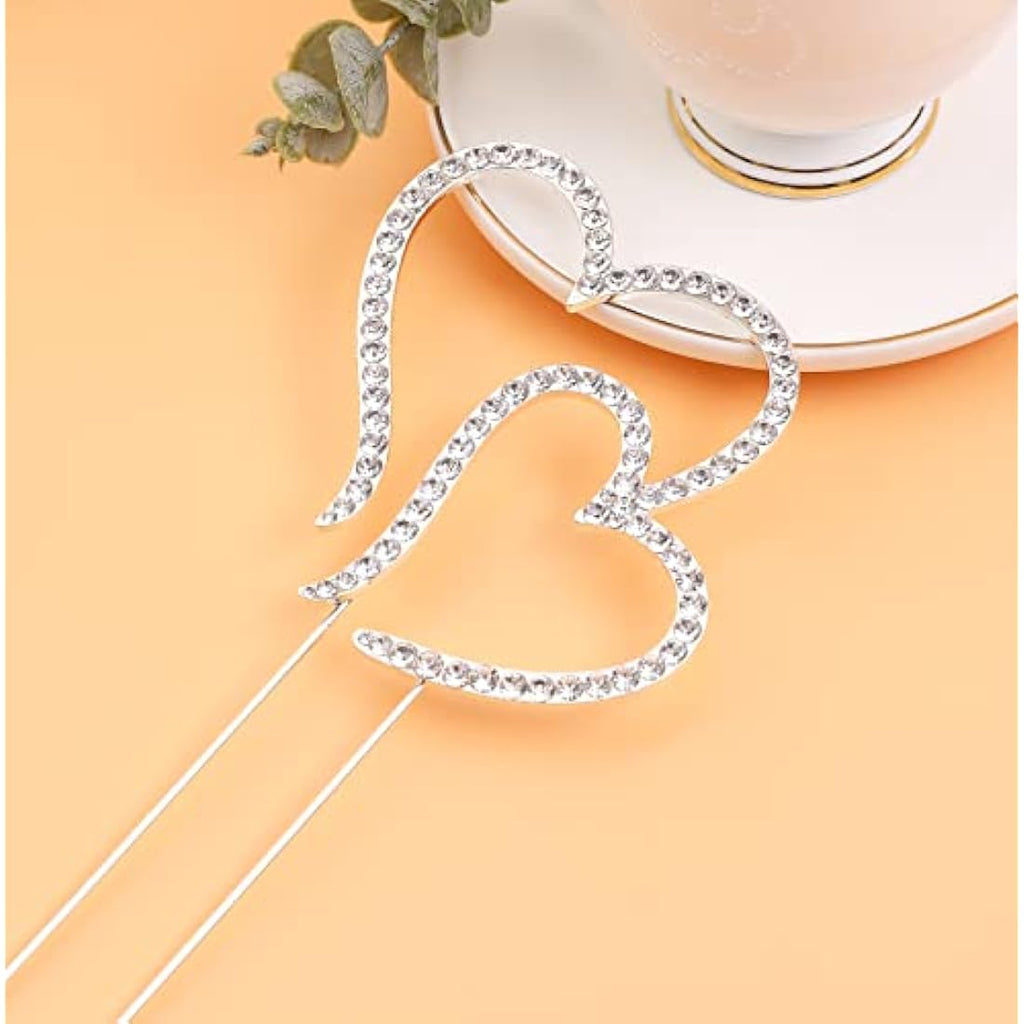 LOVENJOY Double Heart Wedding Cake Topper | Silver Crystal Rhinestone