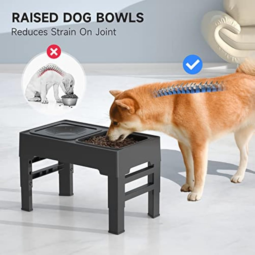 ELS PET Elevated Dog Bowl | 4 Height Adjustable Slow Feeder & No-Spill Water