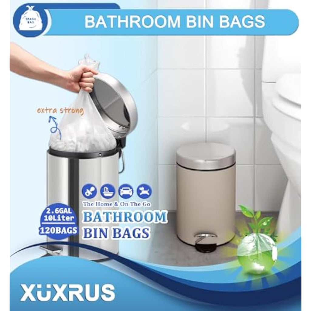 XUXRUS 10L Bin Liners | 120 Count Leakproof Small Rubbish Bags - White