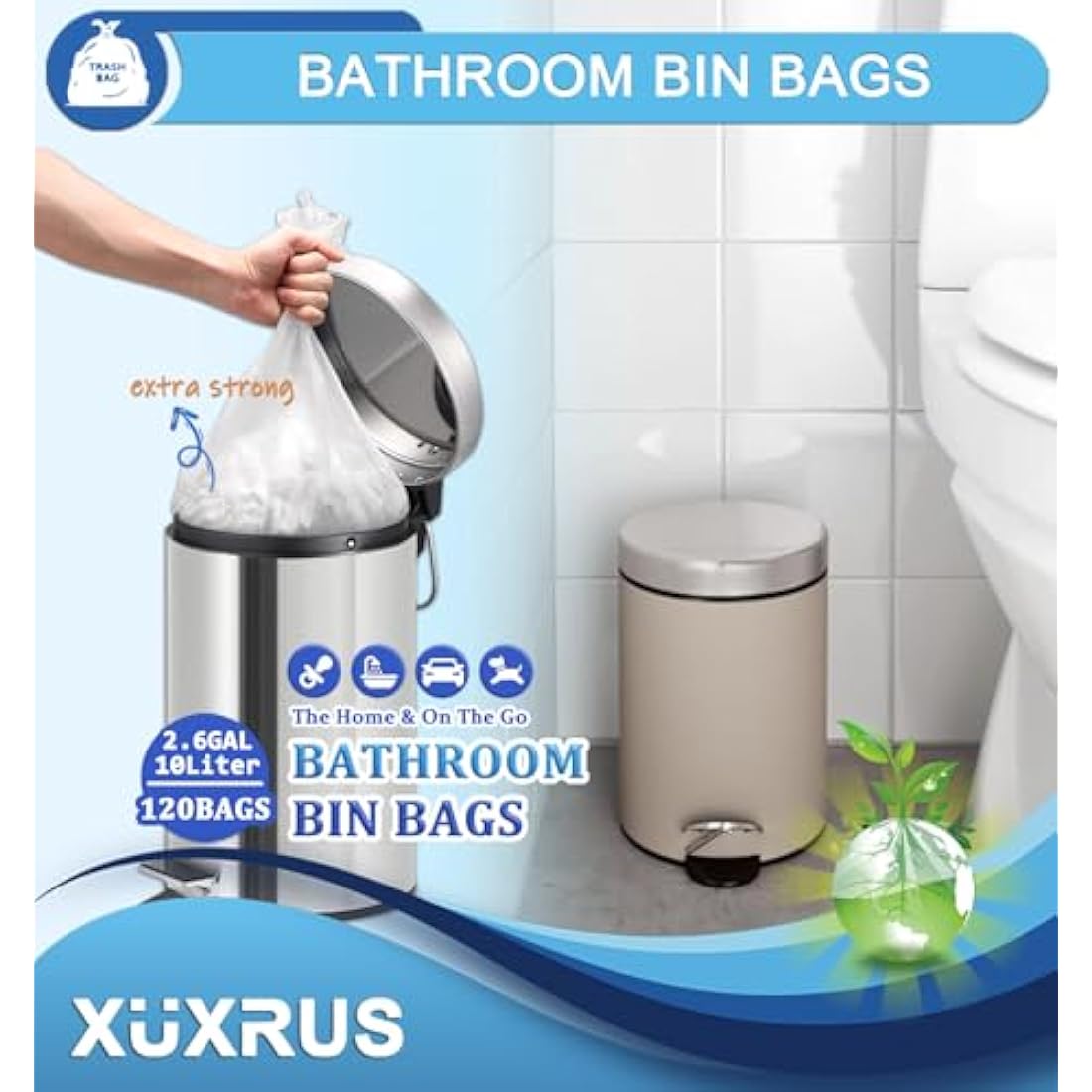 XUXRUS 10L Bin Liners | 120 Count Leakproof Small Rubbish Bags - White