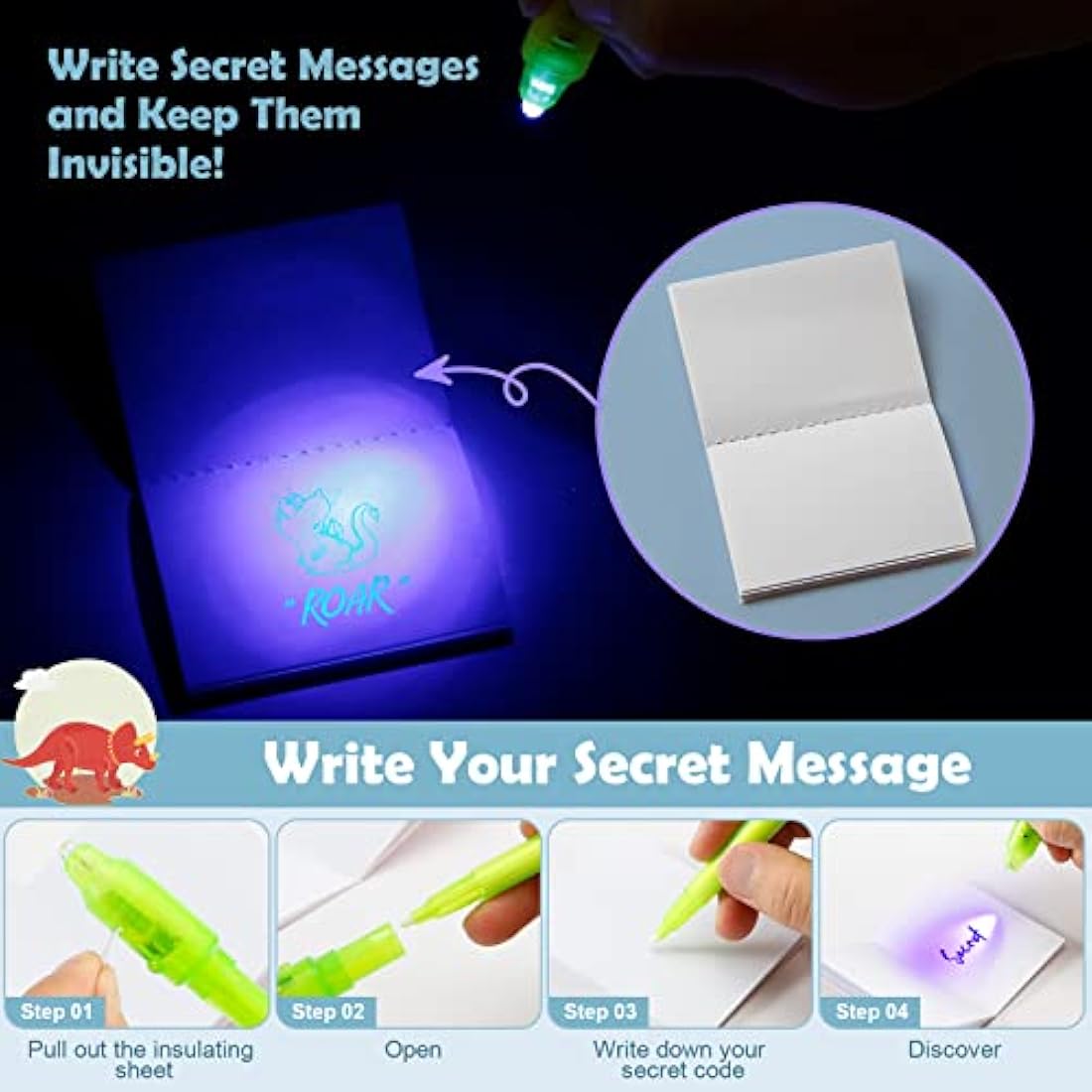 DazSpirit 16-Pack Invisible Ink Spy Pens & Dinosaur Notebooks Party Favors