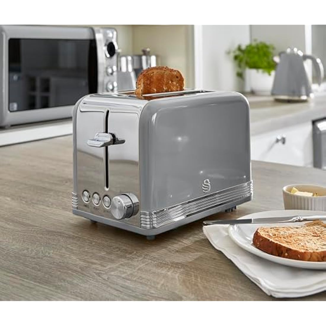 Swan Retro 2-Slice Toaster – 815W Grey Kitchen Toaster with 6 Levels