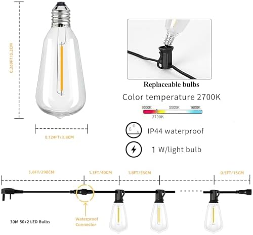 AzureStar 30M Outdoor Festoon Lights | 100FT Waterproof Shatterproof LED