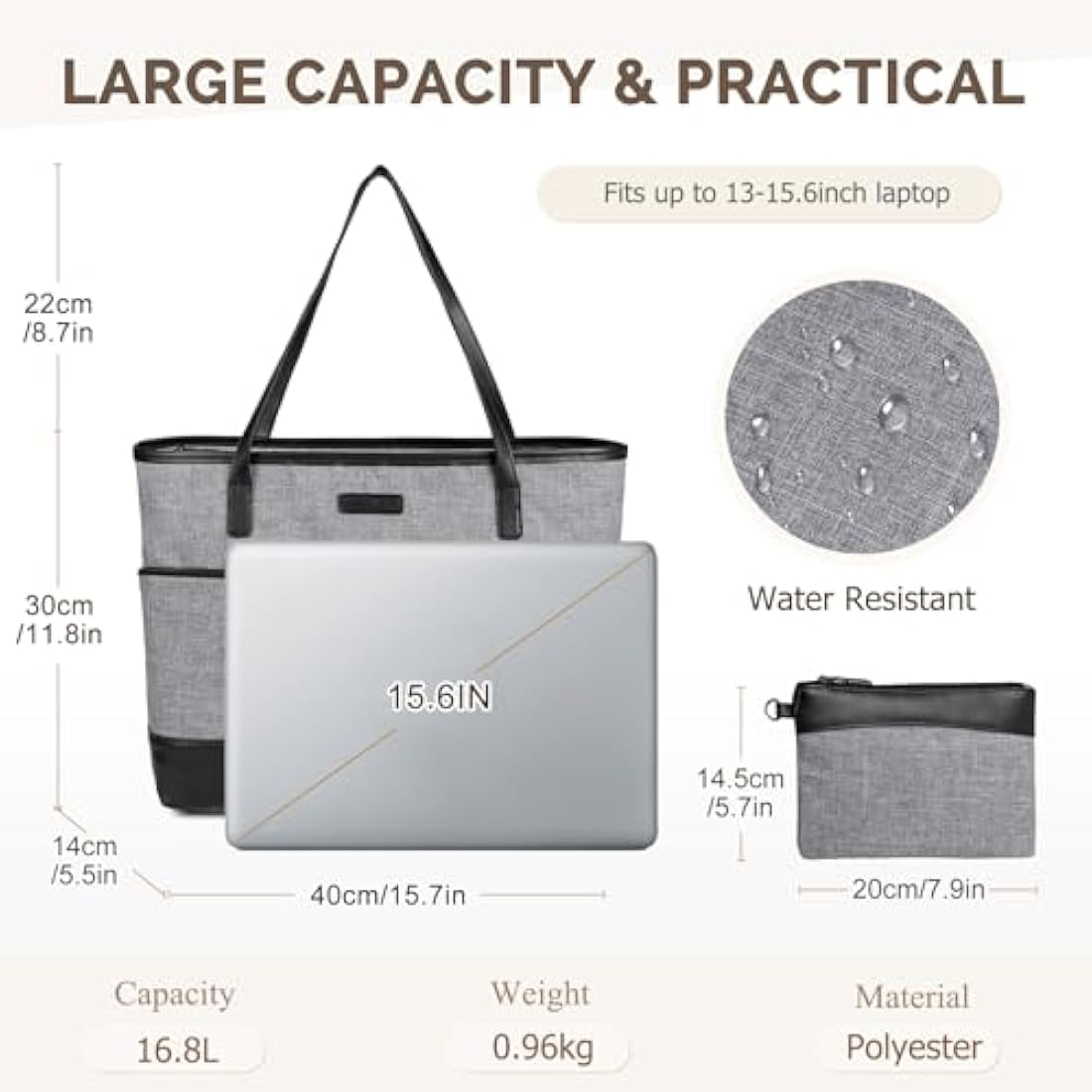 Water Resistant 15.6 inch Laptop Tote Bag for Women