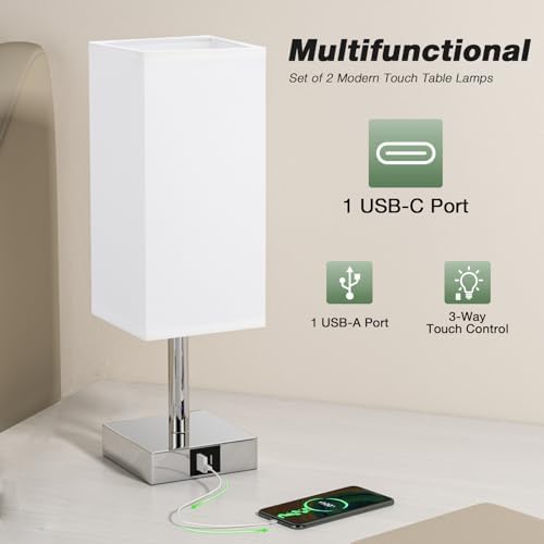 Aooshine Bedside Lamps Set of 2 | 3-Way Dimmable Touch Lamp with USB-C+A