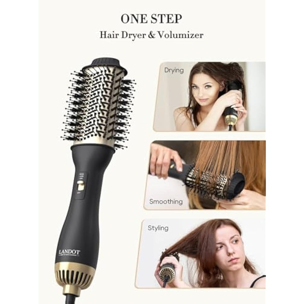 LANDOT Hair Dryer Brush – 3-in-1 Hot Air Styler and Volumizer, Black/Gold
