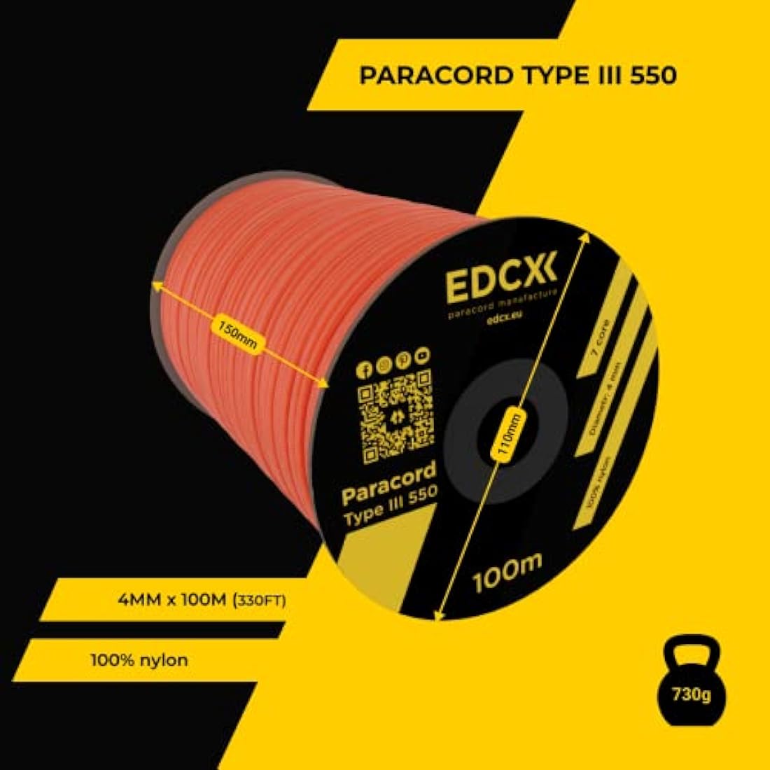 EDCX 550 Paracord Type III – 4mm Nylon Survival Rope for DIY & Camping