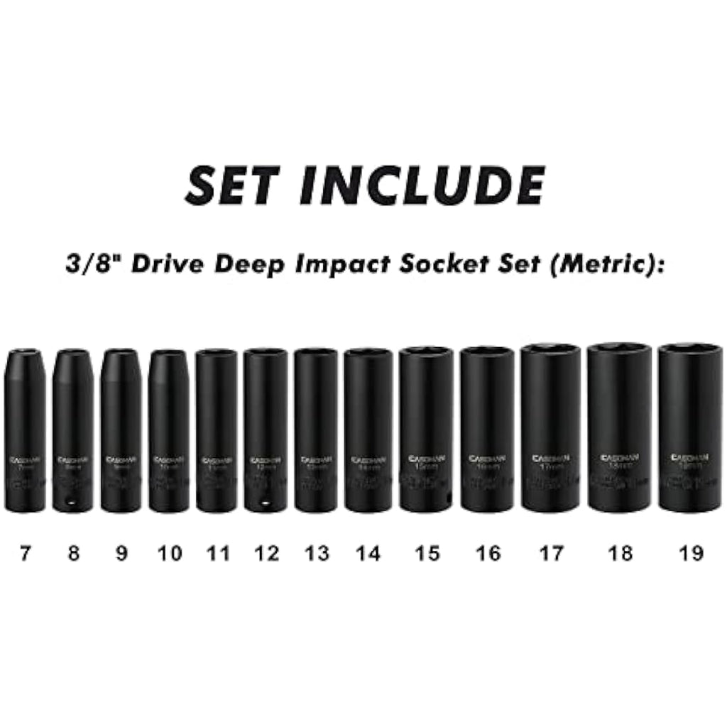 CASOMAN 3/8-Inch Drive Deep Impact Socket Set | 6-Point Metric CR-V, 13-Piece