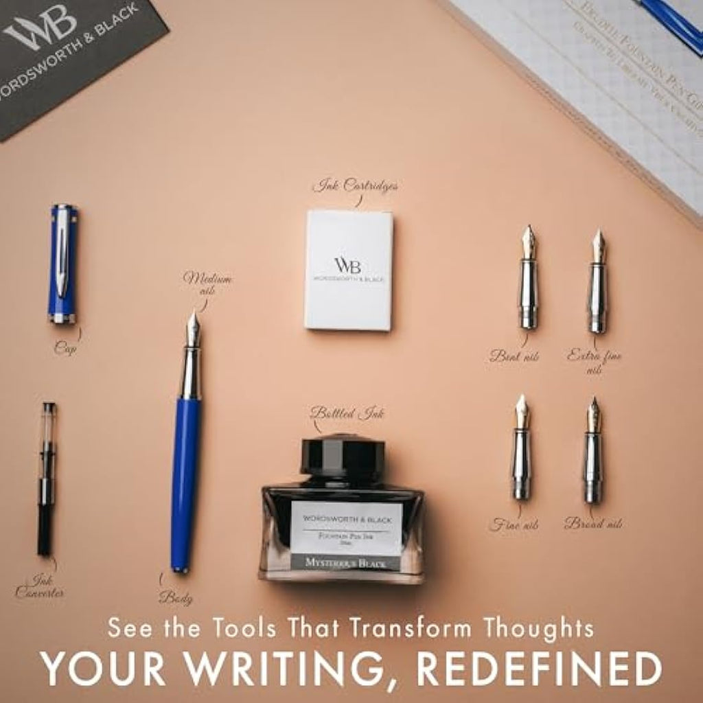 Wordsworth & Black Fountain Pen Gift Set - Blue Chrome Calligraphy Kit