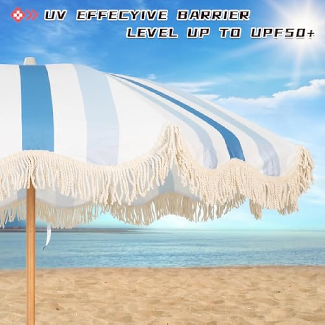 Mansader 2M Wood Garden Parasol | Boho Tassel Patio Umbrella UPF 50+