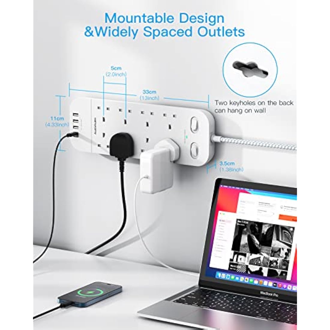 Jolof Store 8-Way Power Strip – 10FT Extension Lead with 4 USB Ports