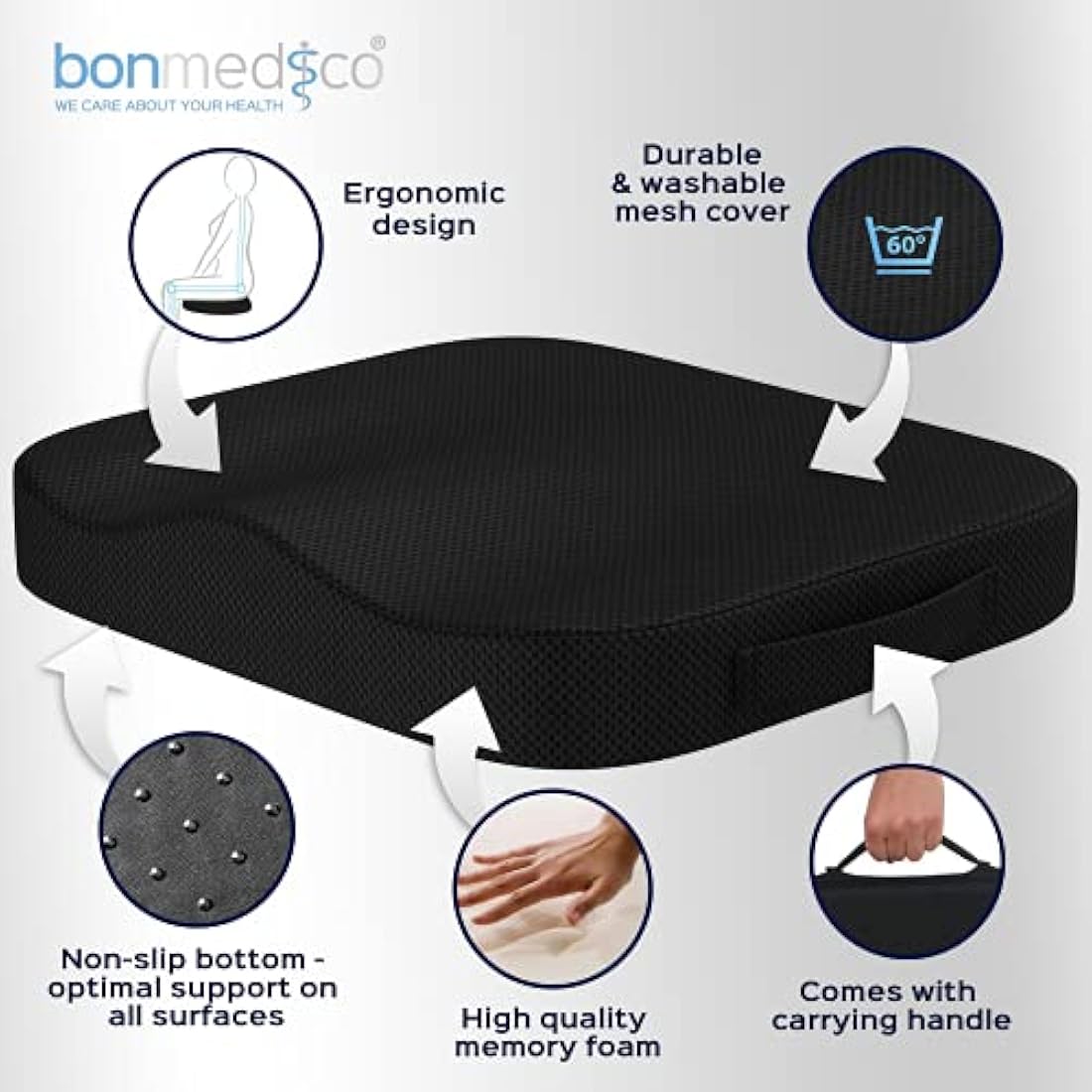bonmedico Memory Foam Seat Cushion - Coccyx Pain Relief for Office & Car