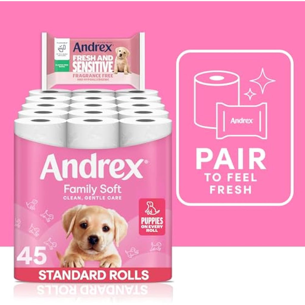 Andrex Family Soft Toilet Tissue – Bulk Pack of 45 Toilet Rolls
