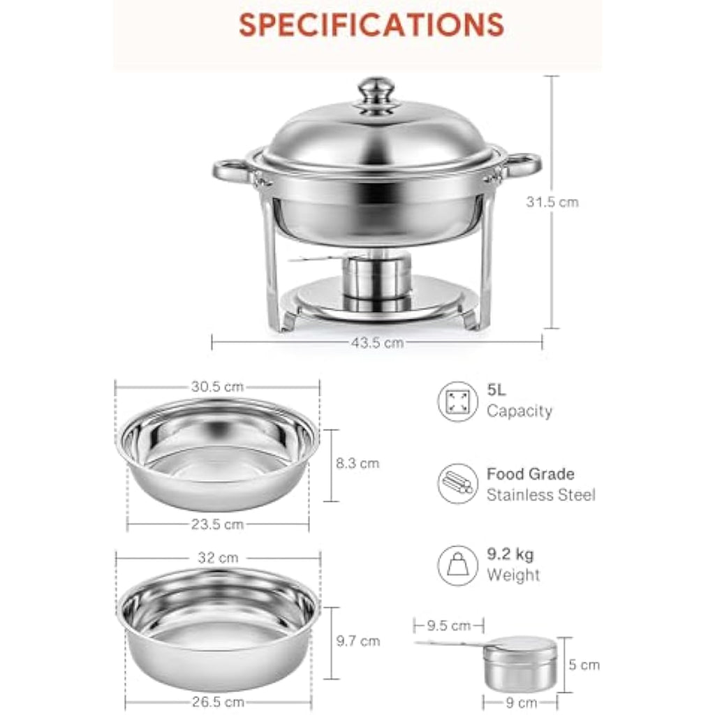 Wilprep 4-Pack Round Chafing Dish Buffet Set | 5L Stainless Steel Food Warmers