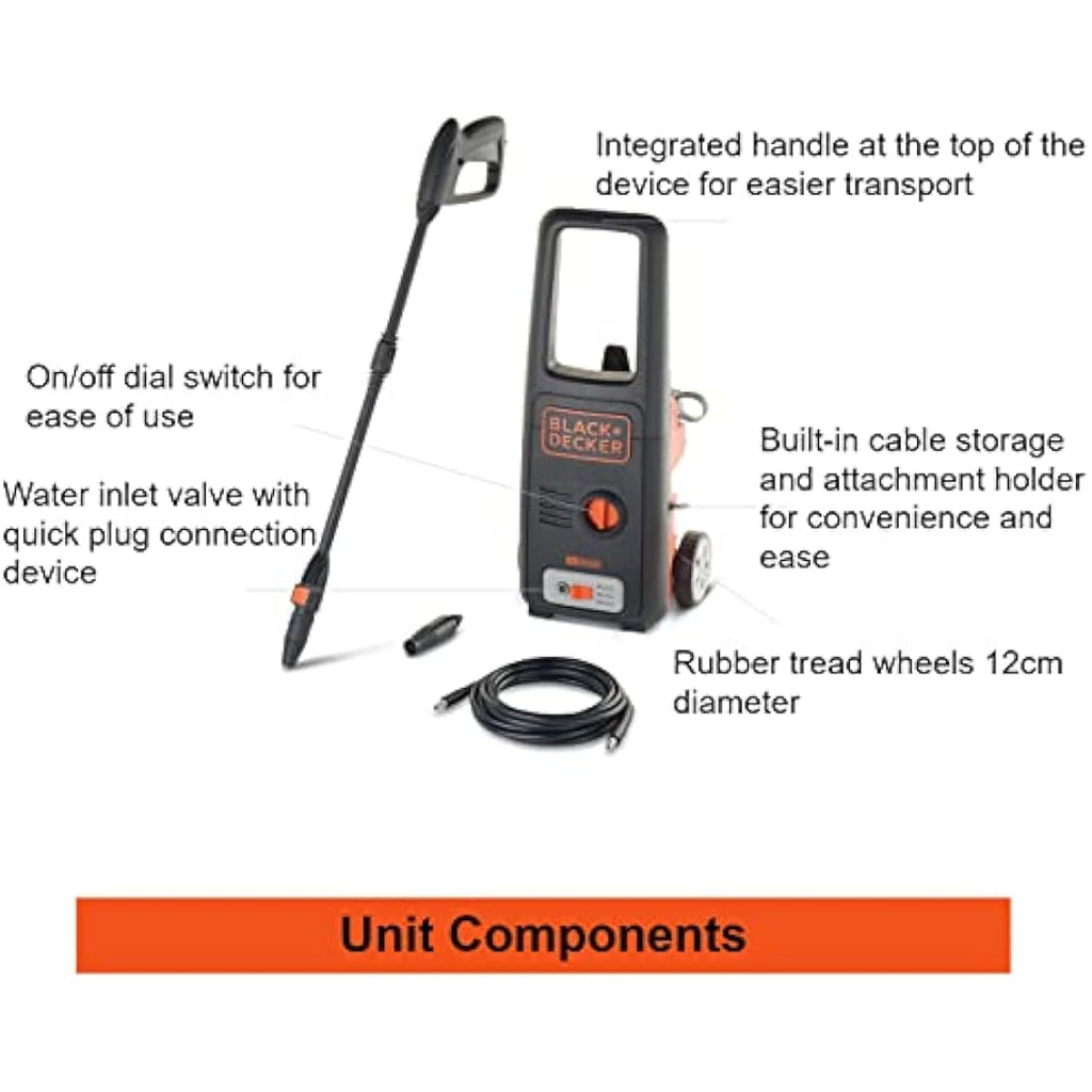 BLACK+DECKER Pressure Washer – 120 Bar 1500W with 6m Hose & Nozzles