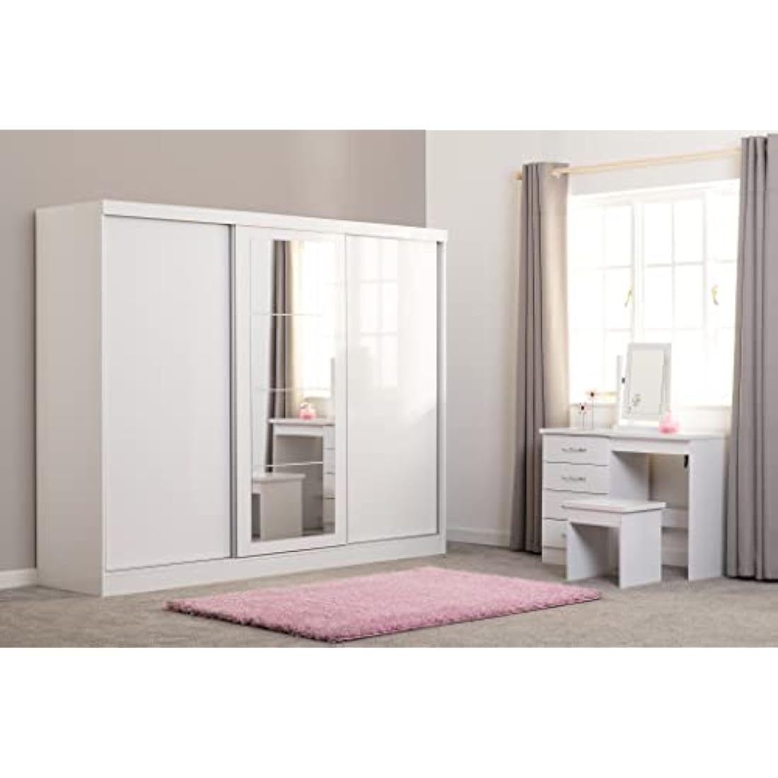 Seconique Nevada Dressing Table Set with Mirror & Stool - White Gloss