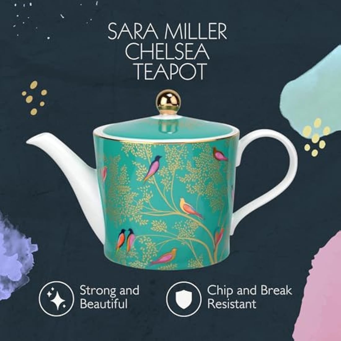 Sara Miller Portmeirion Chelsea Ceramic Teapot - Green & Gold, 1L