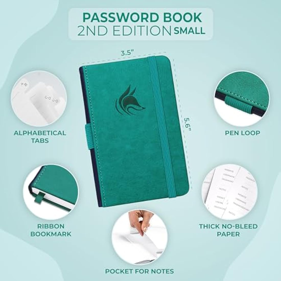 Clever Fox Password Book 2nd Edition - Pocket Login Organizer, Aquamarine