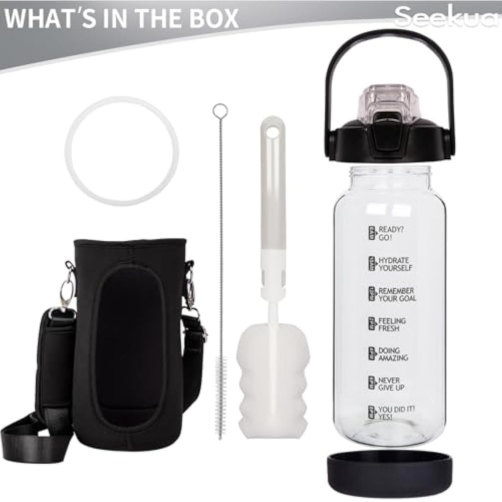 Seekua 2L Glass Water Bottle with Straw | Motivational Time Markings