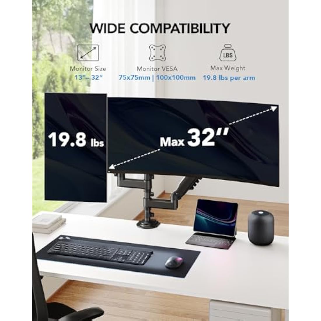 HUANUO Dual Monitor Stand – Gas Spring Height Adjustable Arm for 13-32"