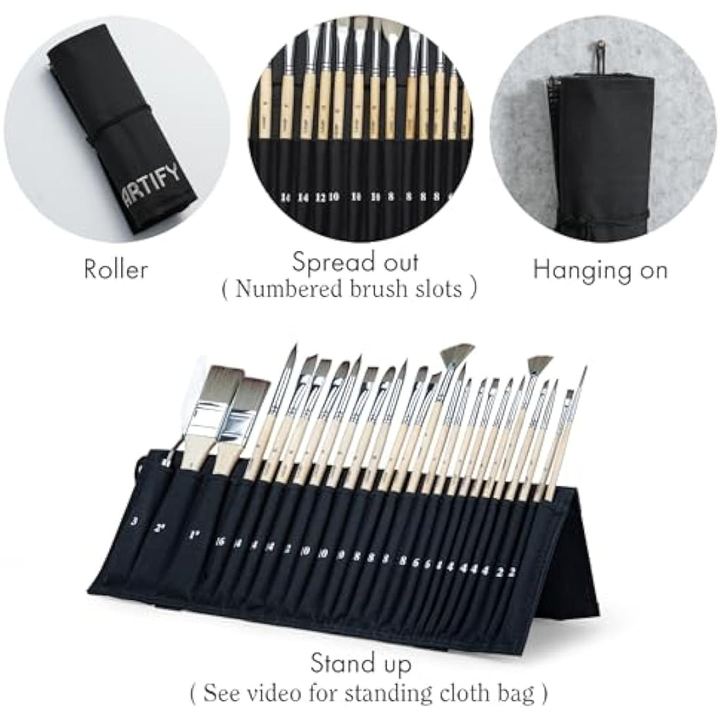 Artify 25-Piece Professional Paint Brush Set with Canvas Bag for Artists