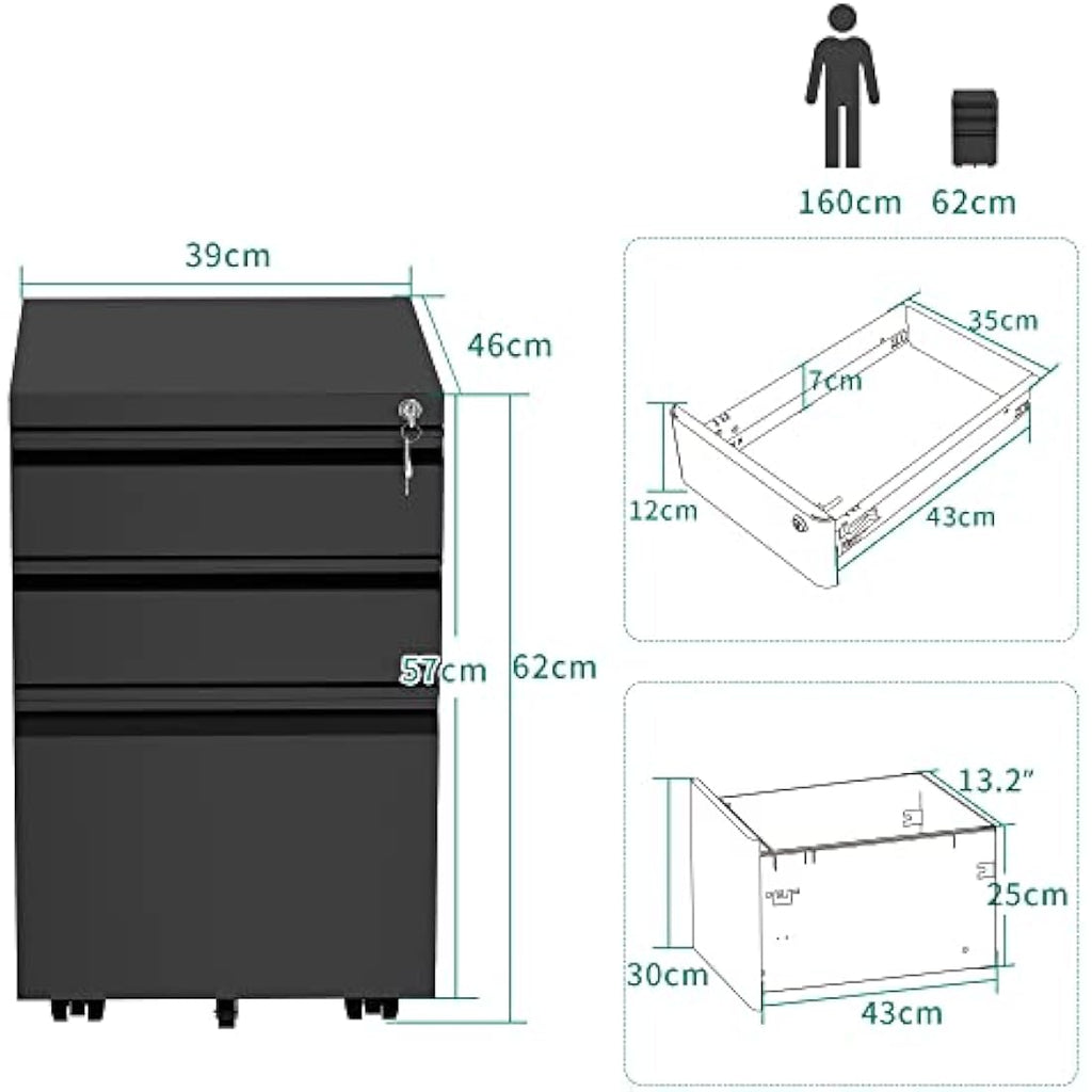 YITAHOME 3-Drawer Mobile File Cabinet | Lockable Steel Under Desk Storage