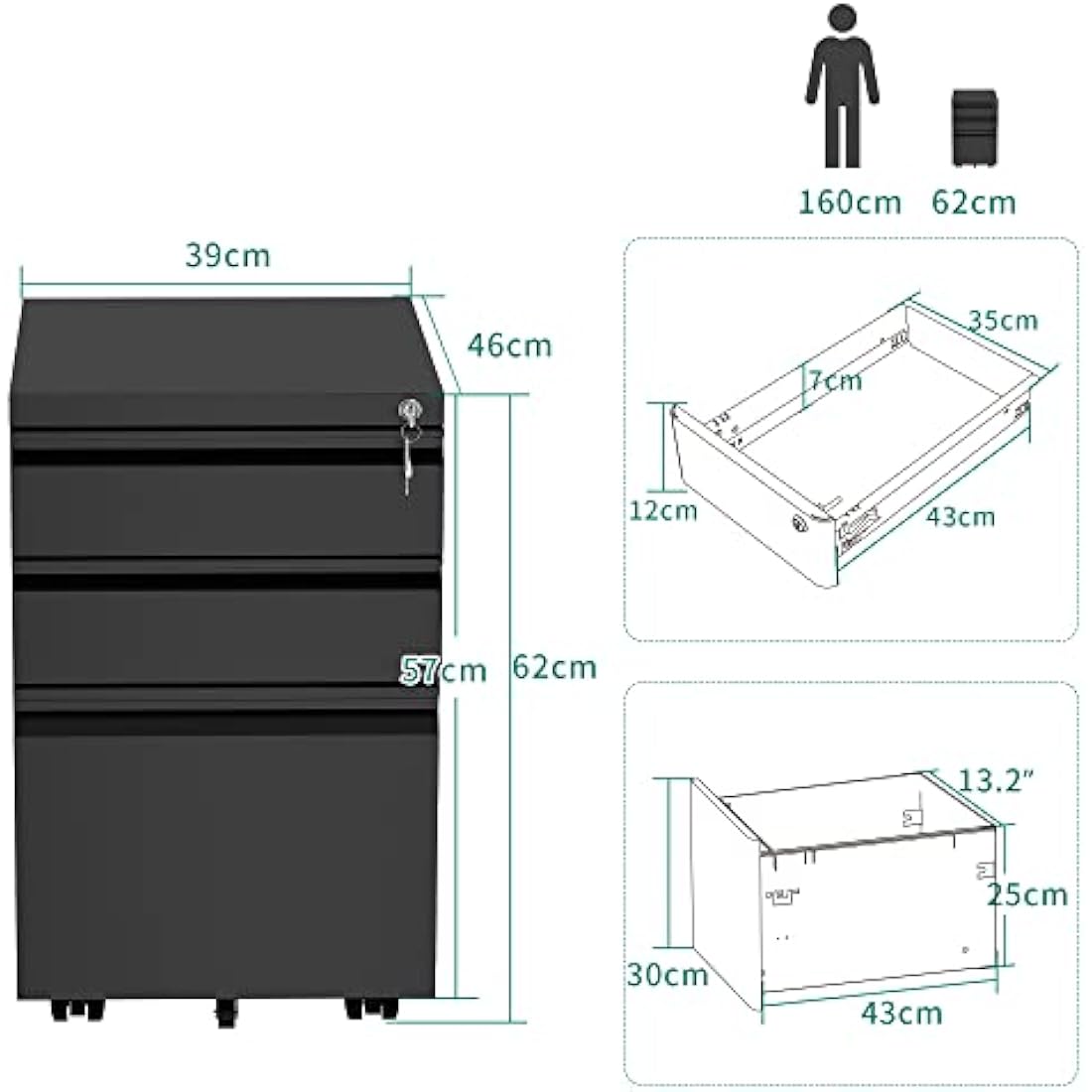 YITAHOME 3-Drawer Mobile File Cabinet | Lockable Steel Under Desk Storage
