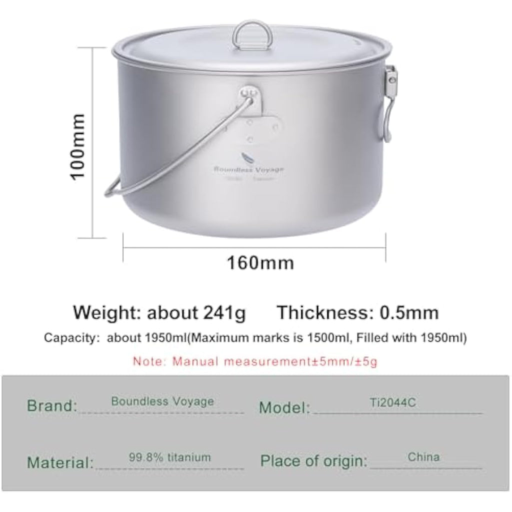 iBasingo 1.95L Titanium Hanging Pot | Ultralight Camping Cookware Mess Kit