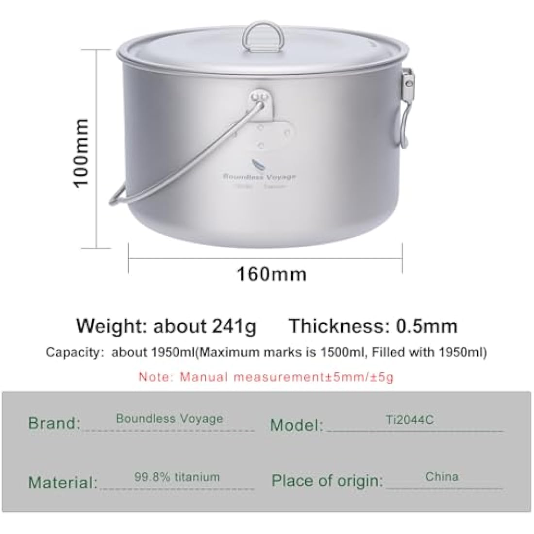 iBasingo 1.95L Titanium Hanging Pot | Ultralight Camping Cookware Mess Kit