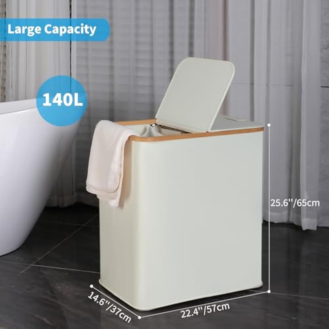 efluky 140L Double Laundry Basket with Lid - Bamboo & Linen Hamper, Beige