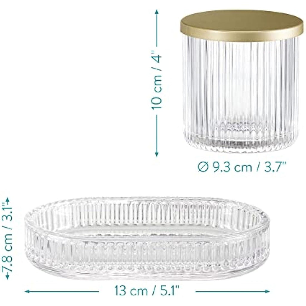 Navaris 4-Piece Ribbed Glass Bathroom Set | Clear & Gold Vanity Decor