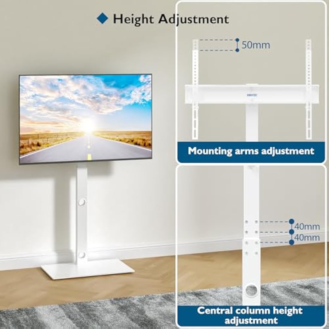 BONTEC TV Floor Stand for 30-70 inch TVs | Swivel & Height Adjustable White