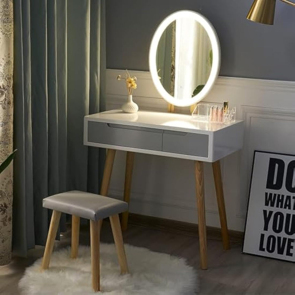 YOURLITE Vanity Table Set with LED Oval Mirror and Cushioned Stool - White