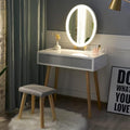 YOURLITE Vanity Table Set with LED Oval Mirror and Cushioned Stool - White