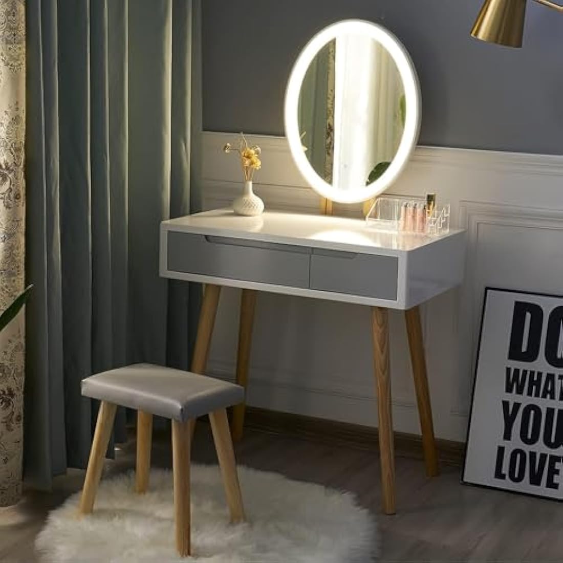 YOURLITE Vanity Table Set with LED Oval Mirror and Cushioned Stool - White