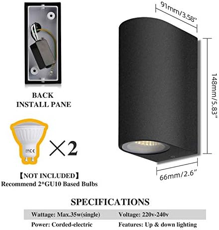 HLFVLITE Outdoor Wall Lights - 2-Pack Black Aluminum Up Down Sconce
