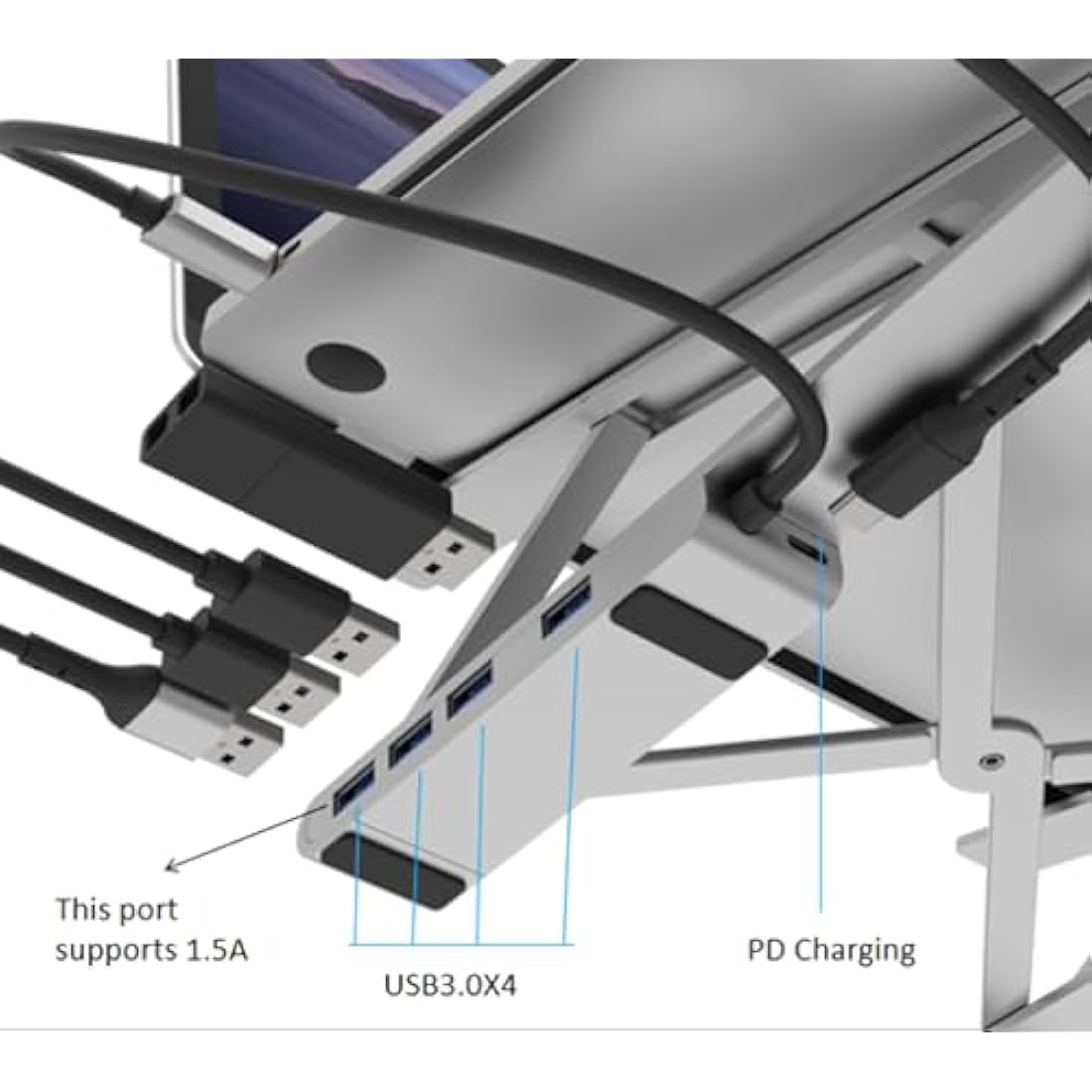 Properav Aluminum Laptop Stand with 100W USB-C Hub & 4 USB-A Ports