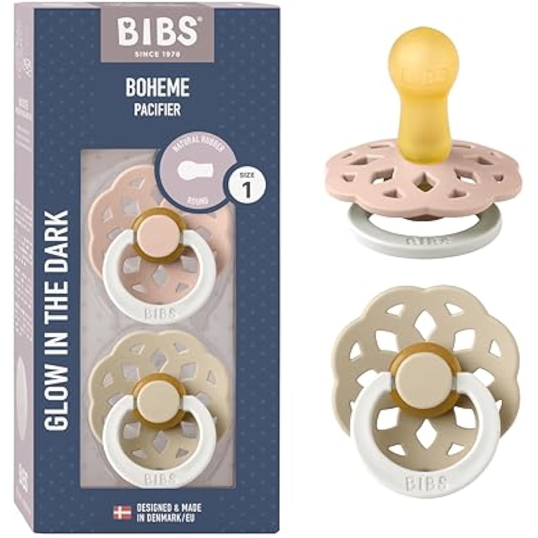 BIBS Boheme Glow Pacifier 2-Pack | Natural Rubber Latex, Size 1 (0-6M)