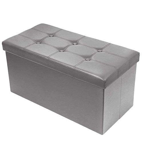 BRIAN & DANY Folding Storage Ottoman Bench | Faux Leather Foot Stool, Gray
