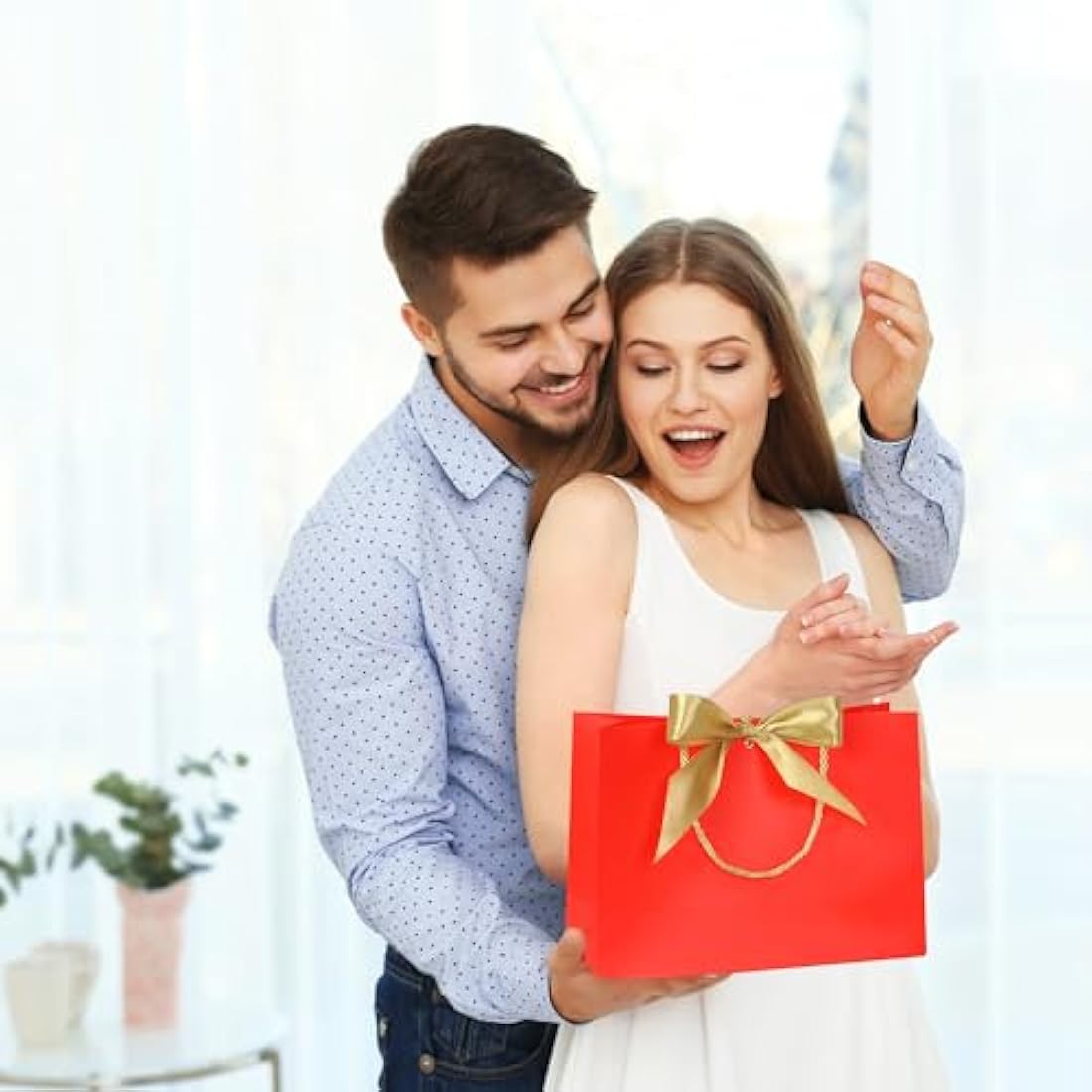 Jolof Store Luxury Red Paper Gift Bags with Gold Ribbon - 10 Pack
