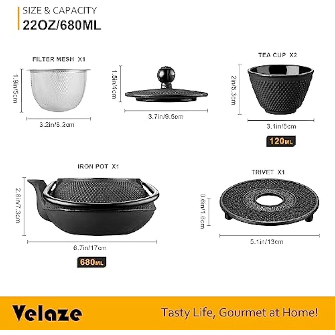 Velaze Cast Iron Teapot Set | Japanese Tetsubin Kettle with Infuser, 700ml