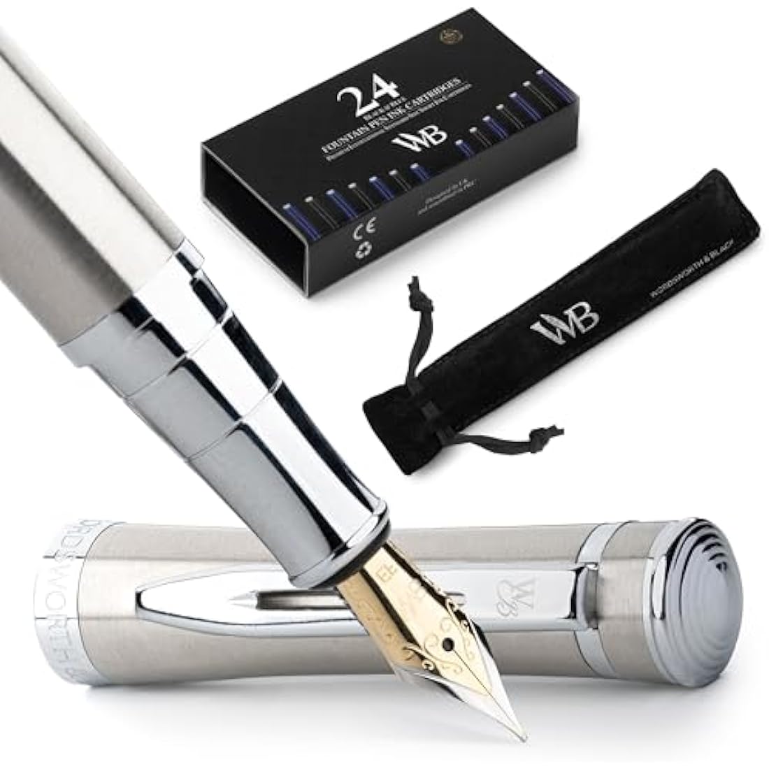 Wordsworth & Black Fountain Pen Set | Extra Fine Nib | Silver Chrome